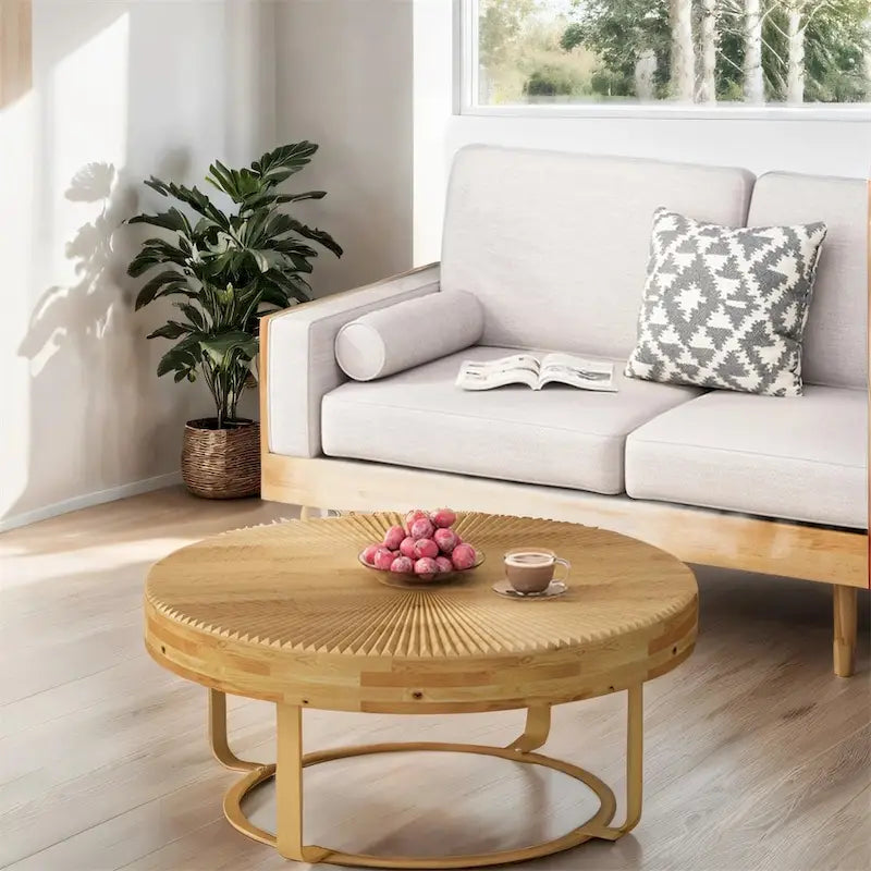 Modern Wood Round Coffee Table with Metal Legs – product view