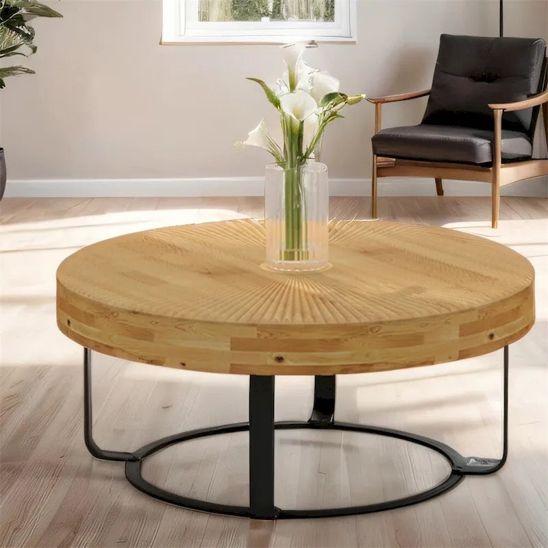 Modern Wood Round Coffee Table with Metal Legs – product view
