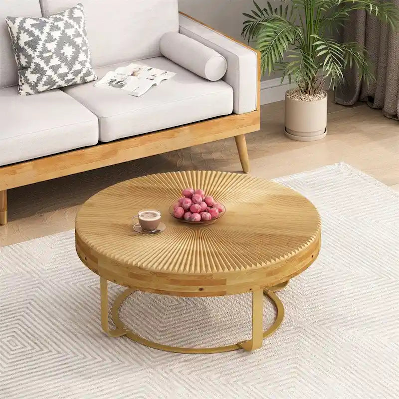 Modern Wood Round Coffee Table with Metal Legs – product view