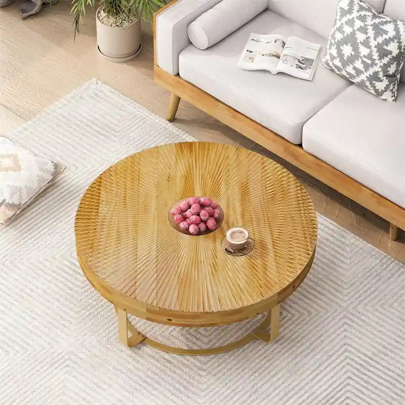 Modern Wood Round Coffee Table with Metal Legs – product view