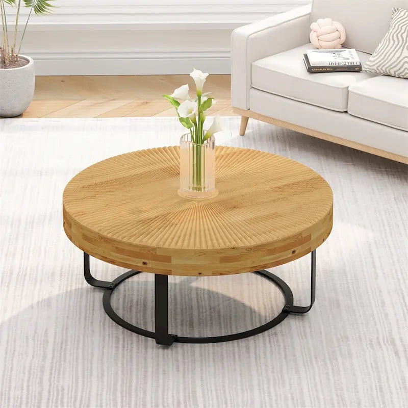 Modern Wood Round Coffee Table with Metal Legs – product view