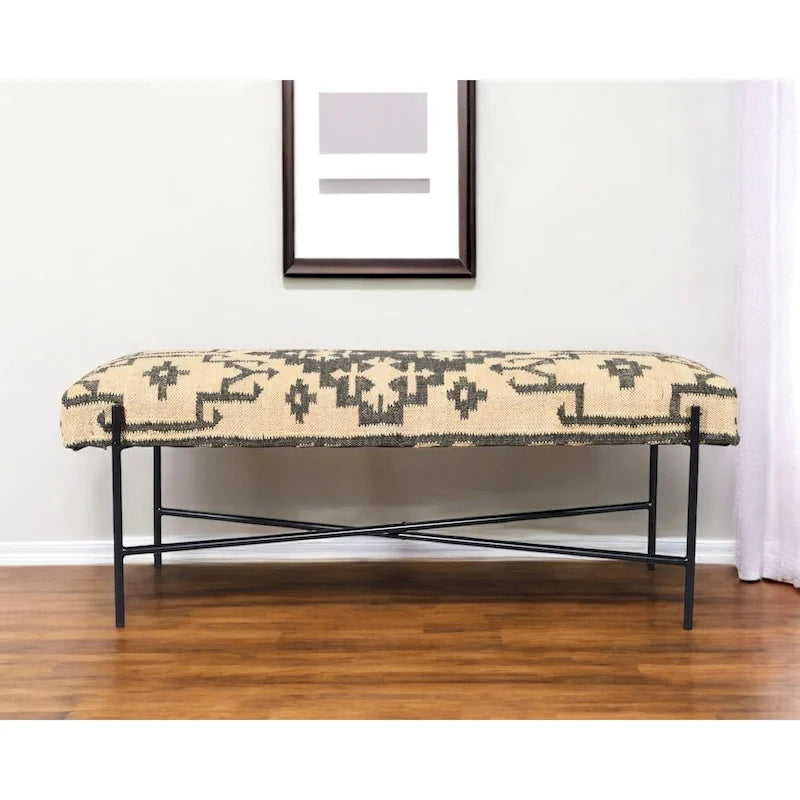 Banc rembourré en mélange de coton crème et noir, 121,9 × 45,7 × 40,6 cm