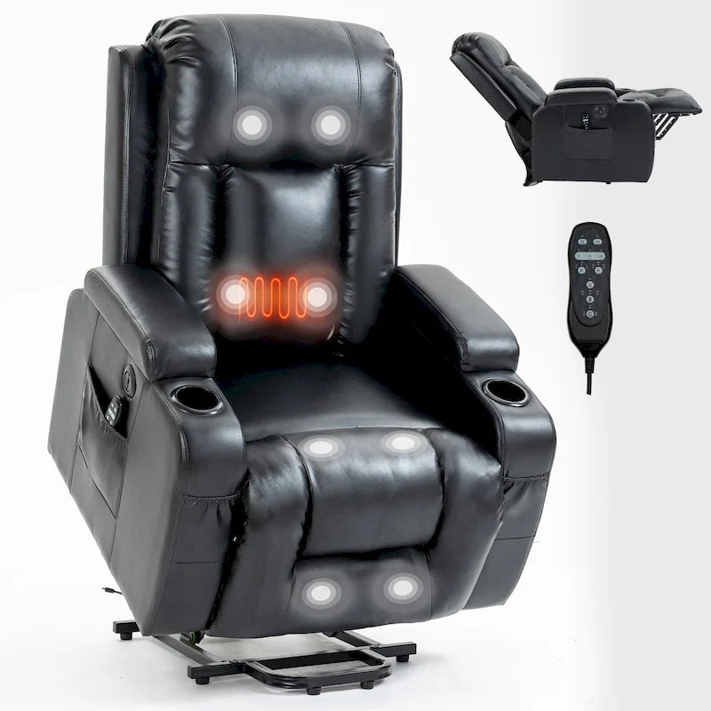 Fauteuil releveur inclinable noir avec massage, chaleur et cadre robuste