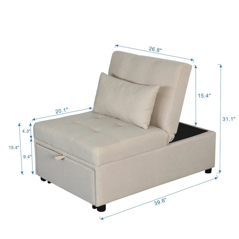 Beige Single Folding Ottoman Sofa Bed with Adjustable Back – product view