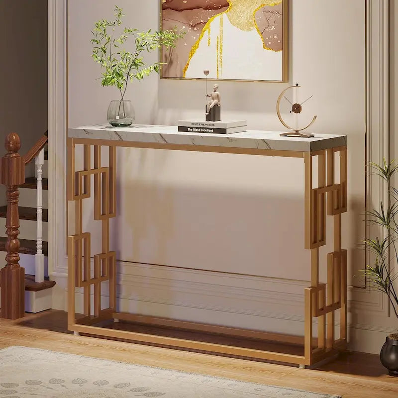 Console Table, White Faux Marble Modern Sofa Tables for Living Room – product view