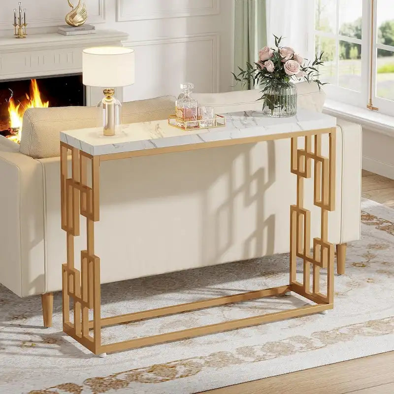 Console Table, White Faux Marble Modern Sofa Tables for Living Room – product view