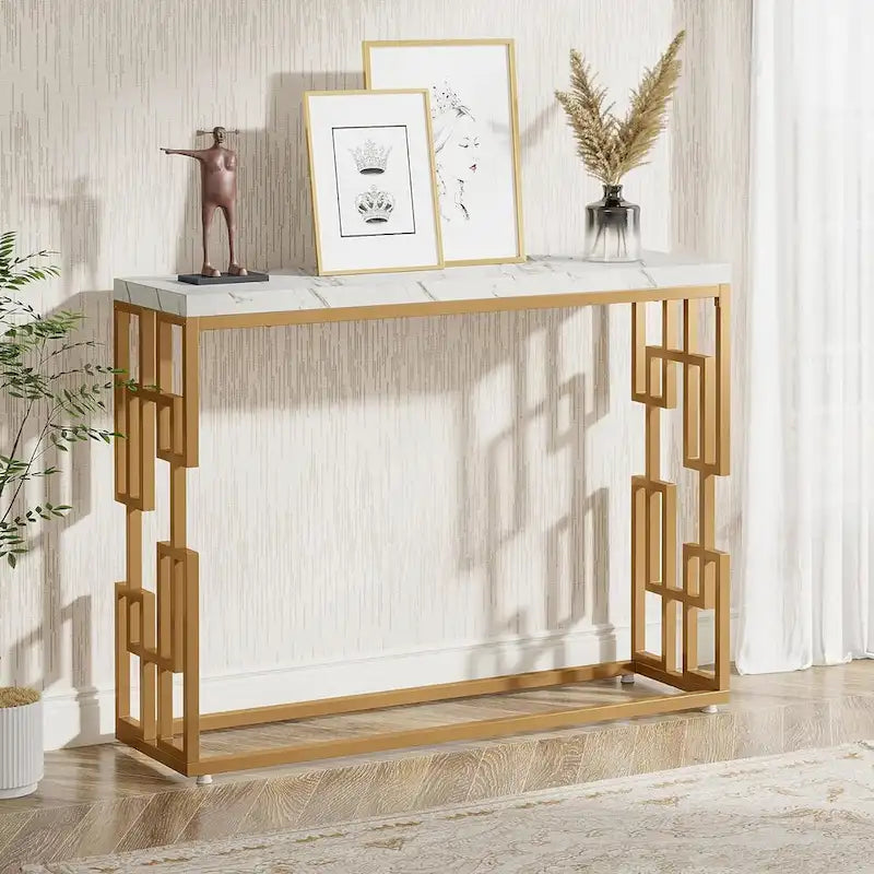 Console Table, White Faux Marble Modern Sofa Tables for Living Room – product view