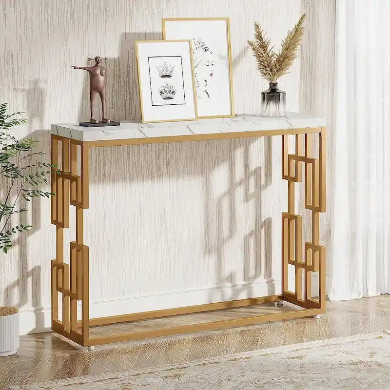 Console Table, White Faux Marble Modern Sofa Tables for Living Room – product view