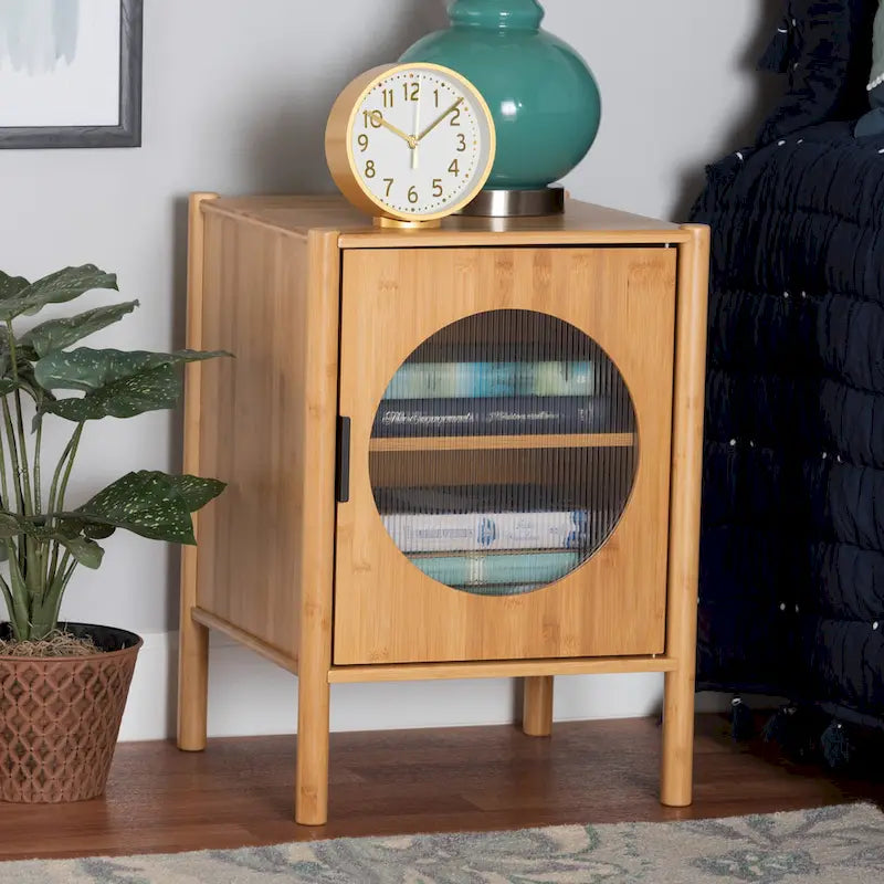 Mid-Century Natural Bamboo Wood 1-Door End Table – product view