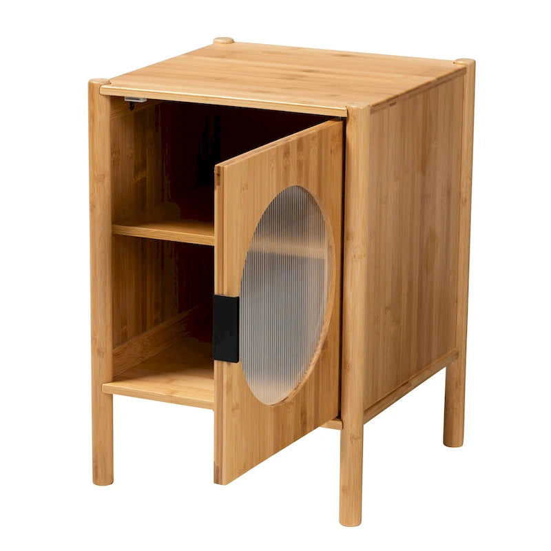 Mid-Century Natural Bamboo Wood 1-Door End Table – product view