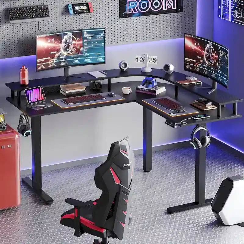 Bureau gaming en L réglable en hauteur avec support d'écran, 160 cm de large