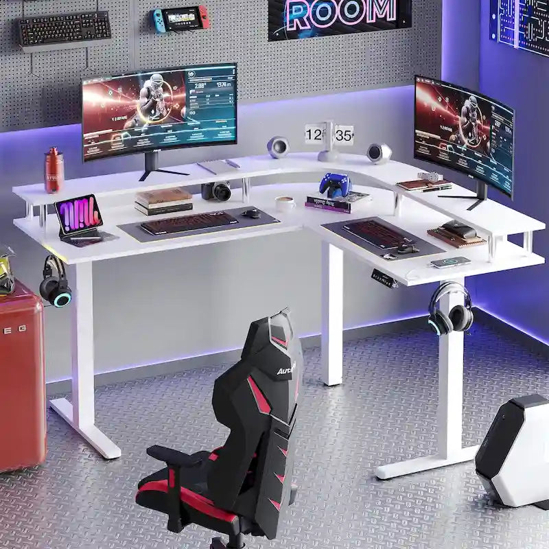 Bureau gaming en L réglable en hauteur avec support d'écran, 160 cm de large