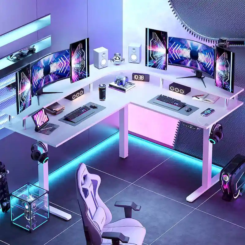 L-Shaped Height-Adjustable Gaming Desk with Monitor Stand, 160 cm Wide – product view