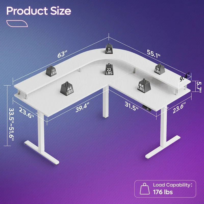 L-Shaped Height-Adjustable Gaming Desk with Monitor Stand, 160 cm Wide – product view