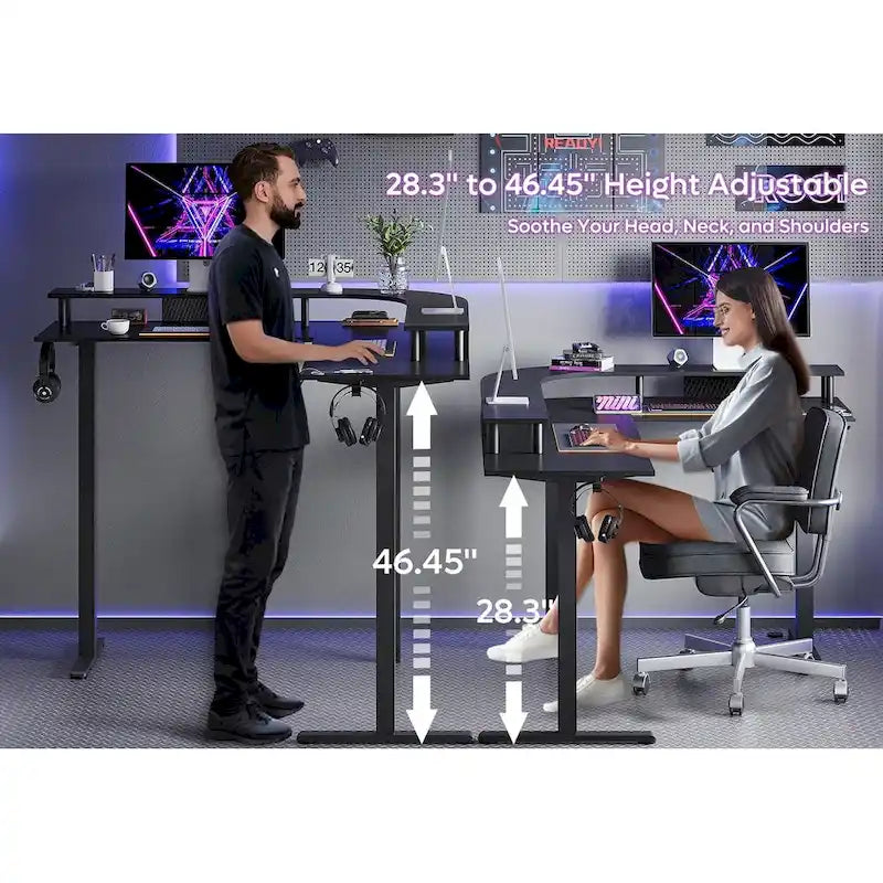 L-Shaped Height-Adjustable Gaming Desk with Monitor Stand, 160 cm Wide – product view