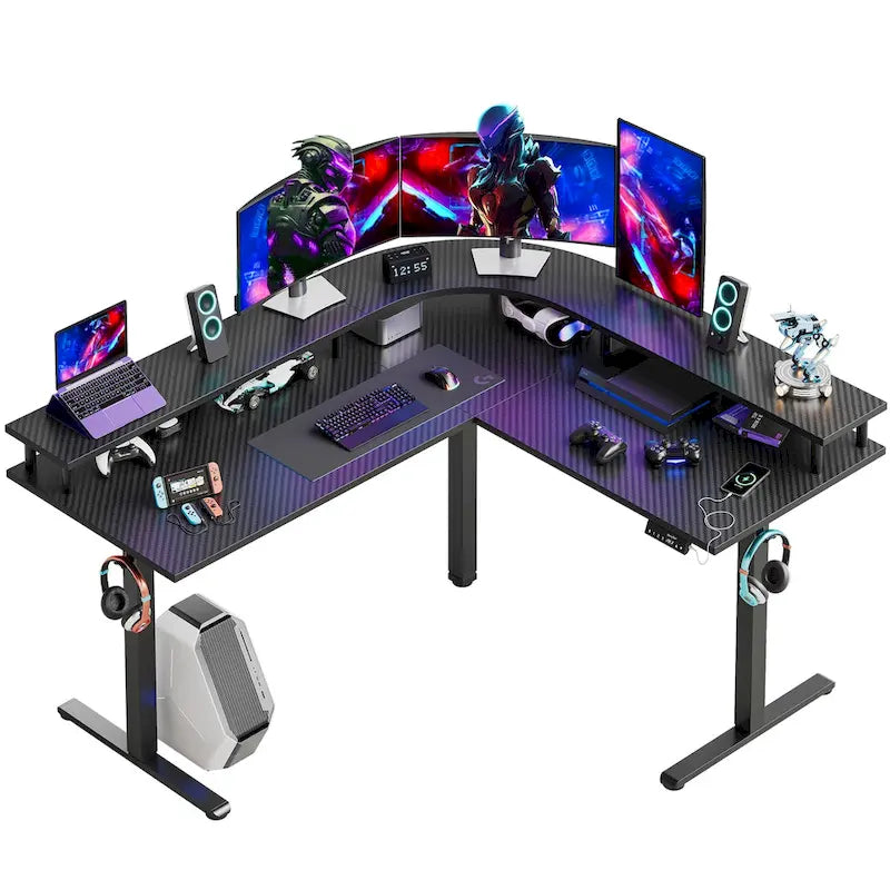 L-Shaped Height-Adjustable Gaming Desk with Monitor Stand, 160 cm Wide – product view