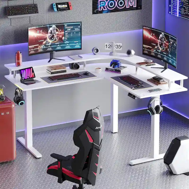 L-Shaped Height-Adjustable Gaming Desk with Monitor Stand, 160 cm Wide – product view