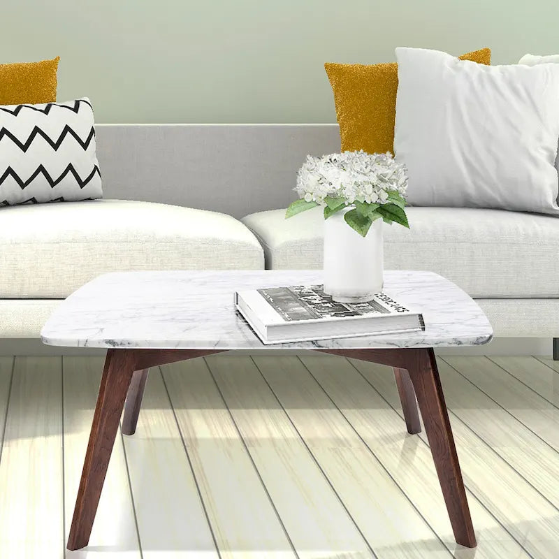 Italian Carrara Marble Square Coffee Table with Walnut Legs, 78.7 cm – product view