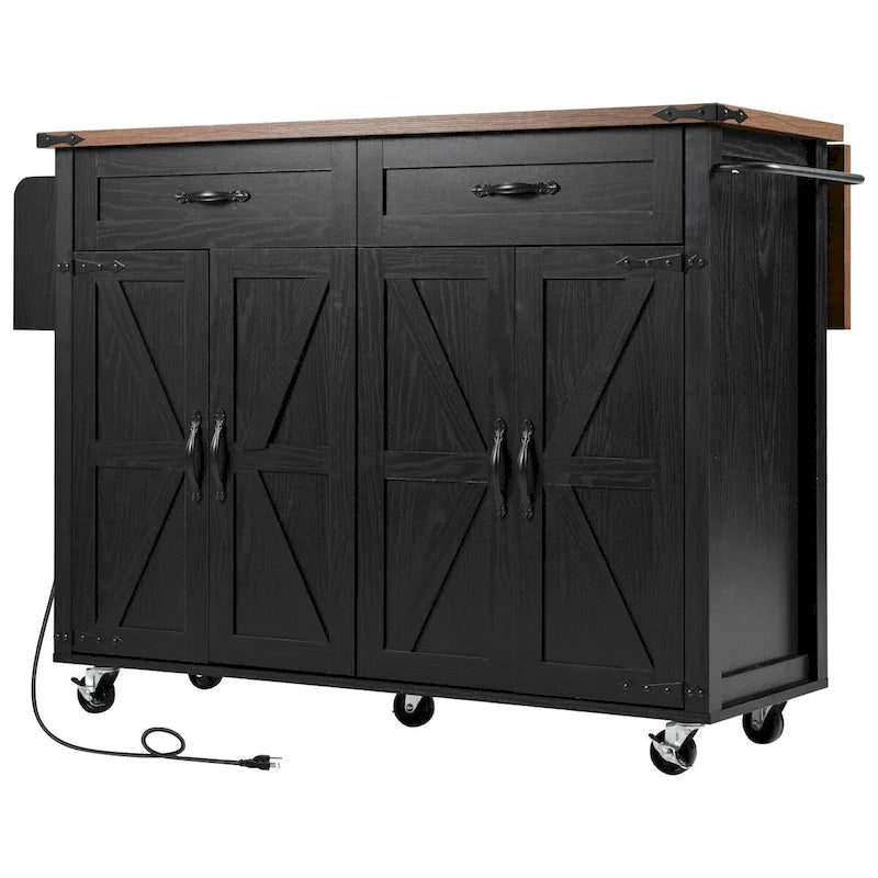 Îlot de cuisine roulant de style campagnard avec abattant et prise de courant, 135,9 cm de large
