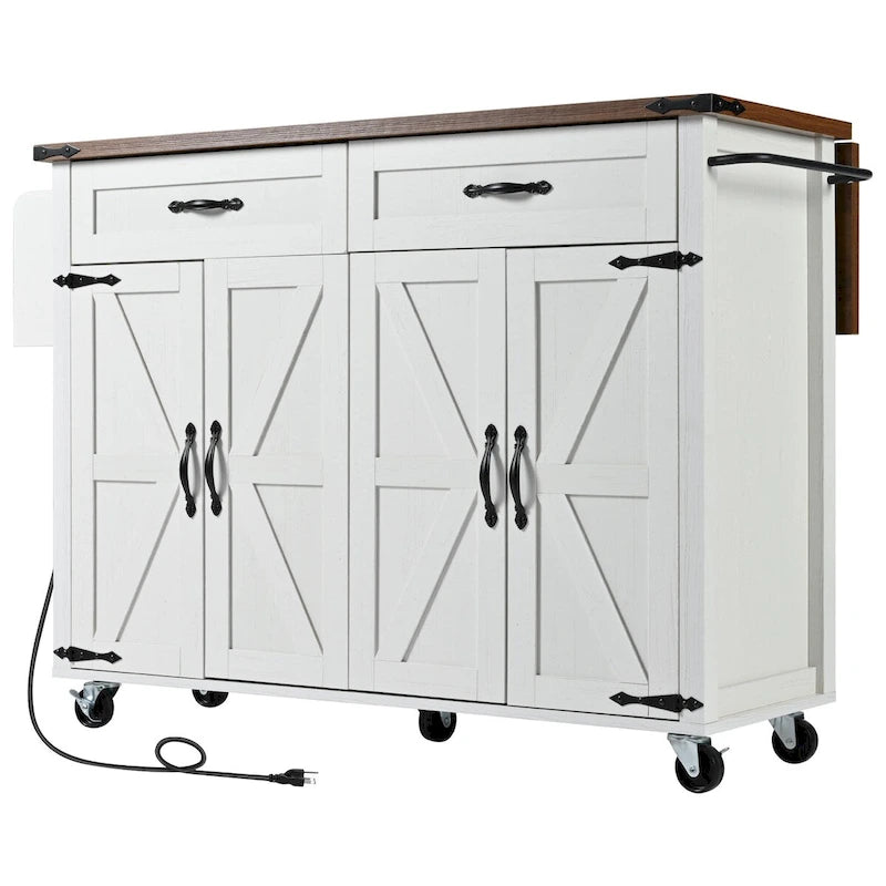 Îlot de cuisine roulant de style campagnard avec abattant et prise de courant, 135,9 cm de large