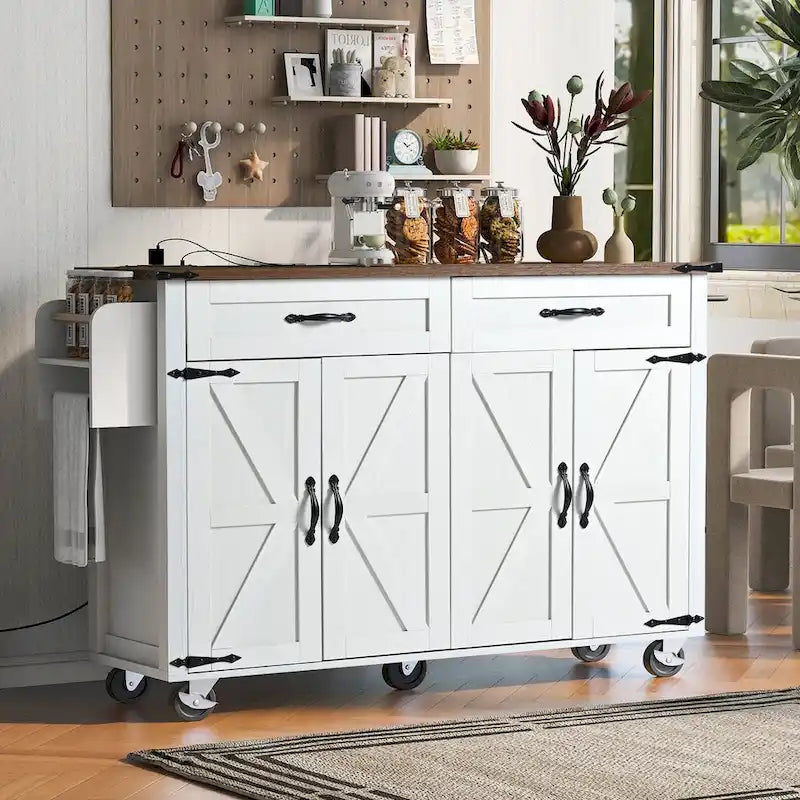 Farmhouse Rolling Kitchen Island with Drop Leaf and Power Outlet, 135.9 cm Wide – product view