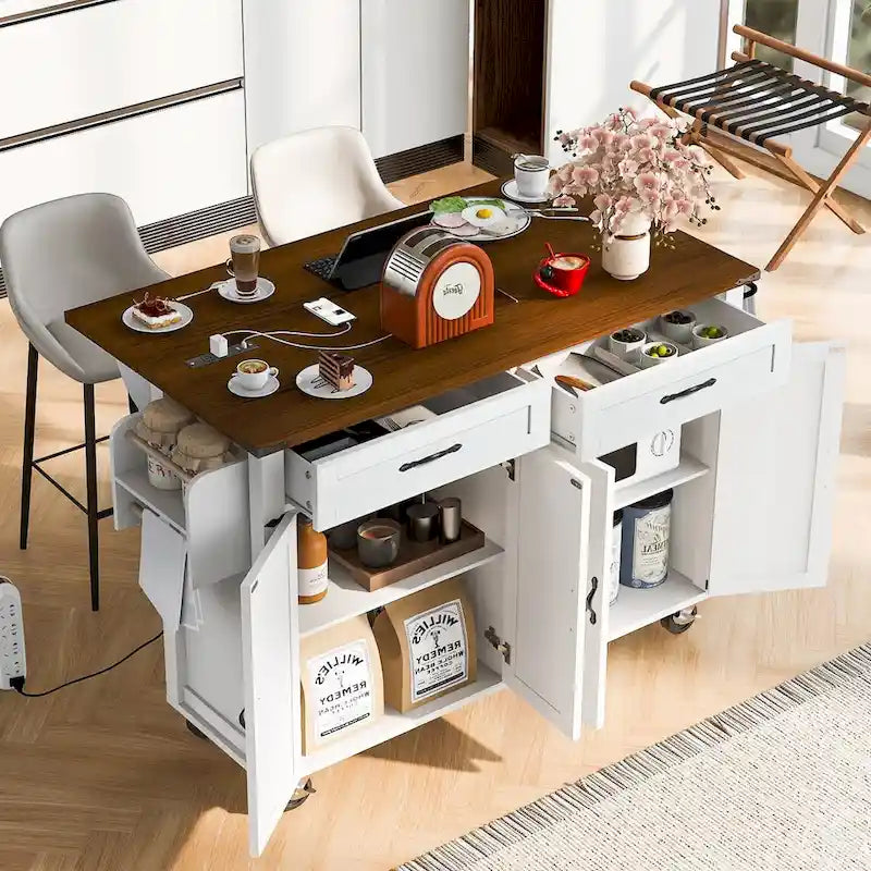 Farmhouse Rolling Kitchen Island with Drop Leaf and Power Outlet, 135.9 cm Wide – product view