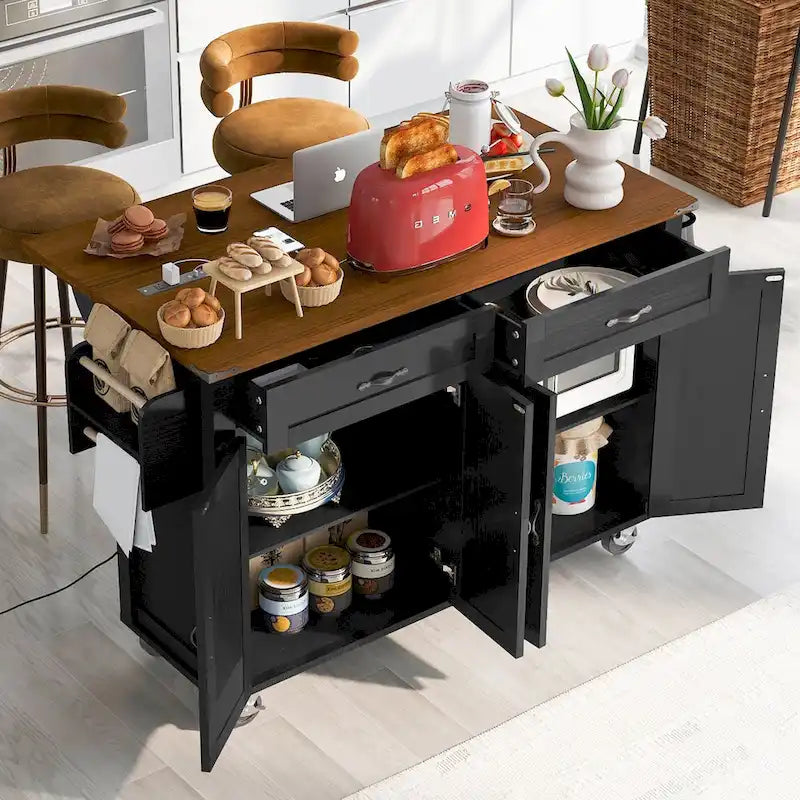 Farmhouse Rolling Kitchen Island with Drop Leaf and Power Outlet, 135.9 cm Wide – product view