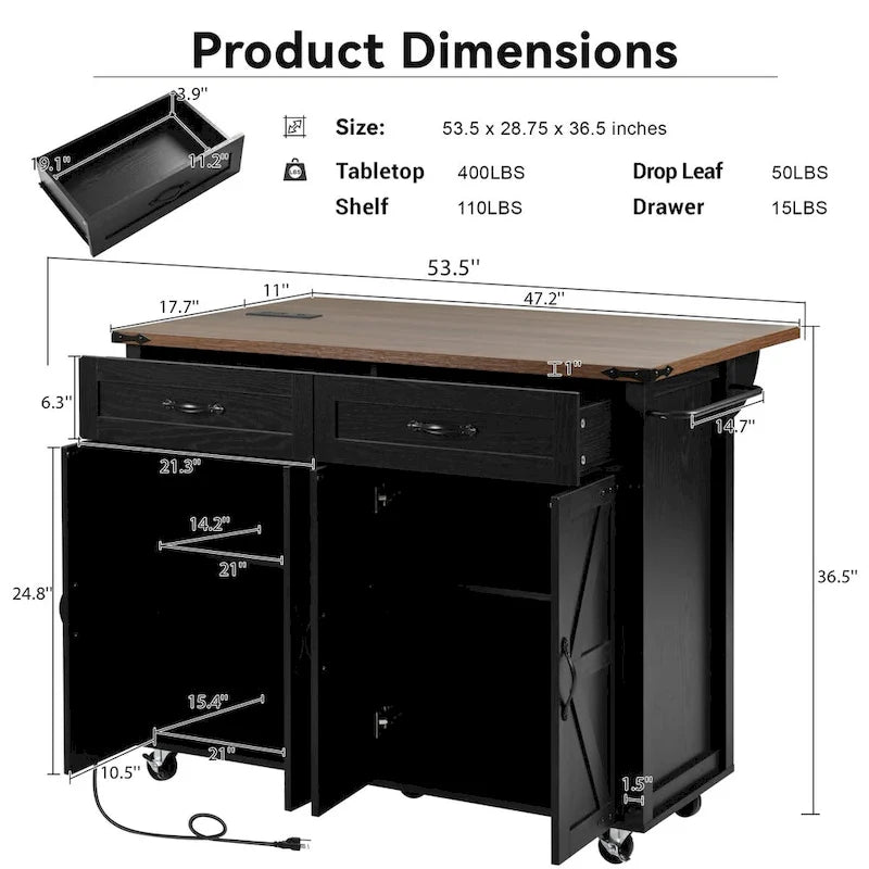 Farmhouse Rolling Kitchen Island with Drop Leaf and Power Outlet, 135.9 cm Wide – product view
