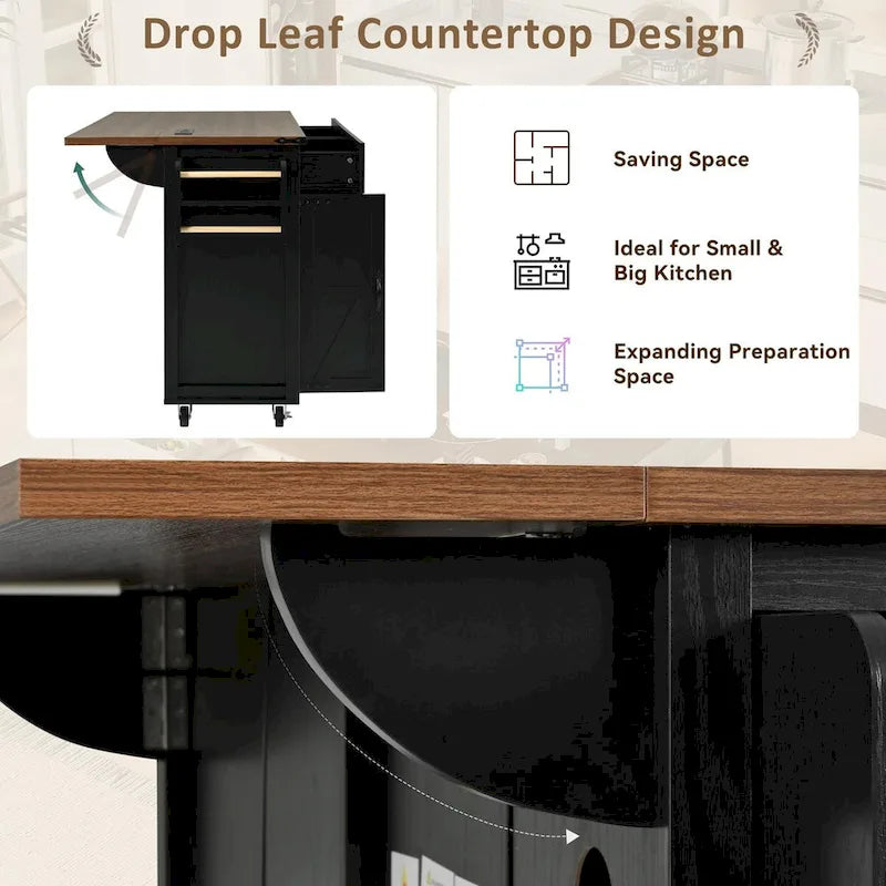Farmhouse Rolling Kitchen Island with Drop Leaf and Power Outlet, 135.9 cm Wide – product view