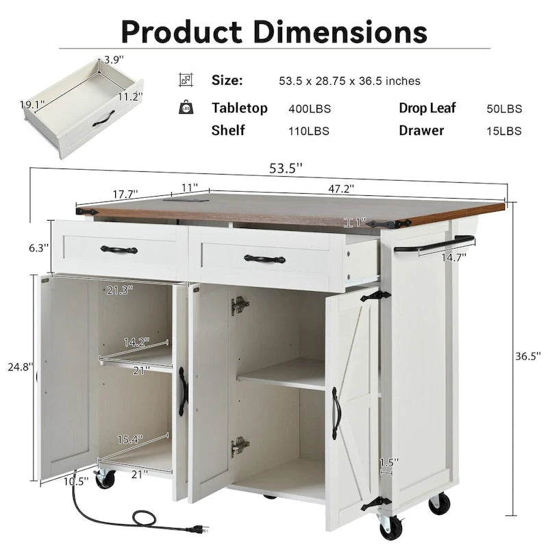 Farmhouse Rolling Kitchen Island with Drop Leaf and Power Outlet, 135.9 cm Wide – product view