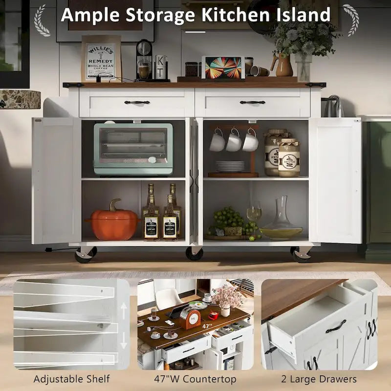 Farmhouse Rolling Kitchen Island with Drop Leaf and Power Outlet, 135.9 cm Wide – product view
