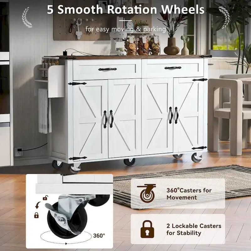 Farmhouse Rolling Kitchen Island with Drop Leaf and Power Outlet, 135.9 cm Wide – product view