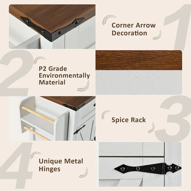 Farmhouse Rolling Kitchen Island with Drop Leaf and Power Outlet, 135.9 cm Wide – product view